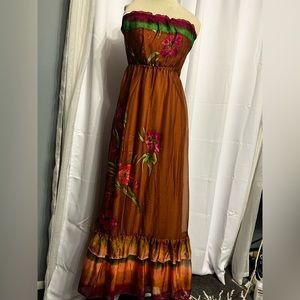 Sweetees Brown  Foral Silk Maxi Dress with Ruffles open back with tie Size Med
